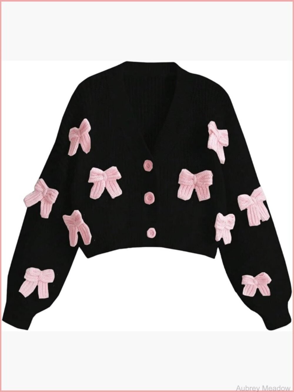 Plus Size Bow Crop Sweater Cardigan V Neck Button Up Long Sleeve
